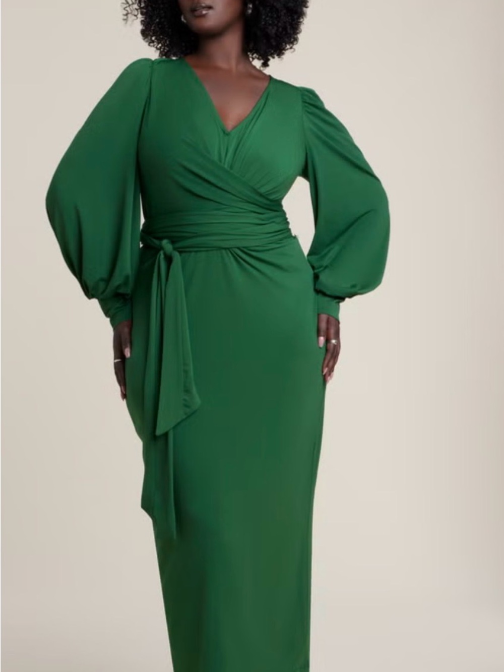 Eloquii Emerald Green Wrap Midi Dress with Bishop Sleeves